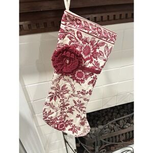 April Cornell Felicity Red Toile Floral Christmas Stocking Crocheted Flower